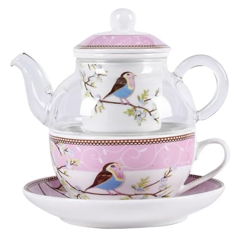 YBK Tech Teekanne aus Glas mit einem Porzellan-Ei Sieb, Happy Bird Muster Tasse und Untertasse Set, Teekanne und Teetasse für einen (Rosa) von YBKTEX