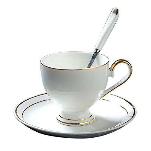 YBK Tech Teetasse und Untertasse, Euro-Stil, feines Porzellan, Keramik, Tee, Kaffeetasse für Frühstück, Küche, Weiß mit Goldenem Rand von YBK Tech