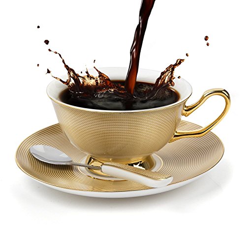 YBK Tech Euro Stil Tasse & Untertasse Set Kunst Knochen China keramisch Tee Kaffee Tasse für Zuhause Küche Hochzeit (Gold) von YBKTEX
