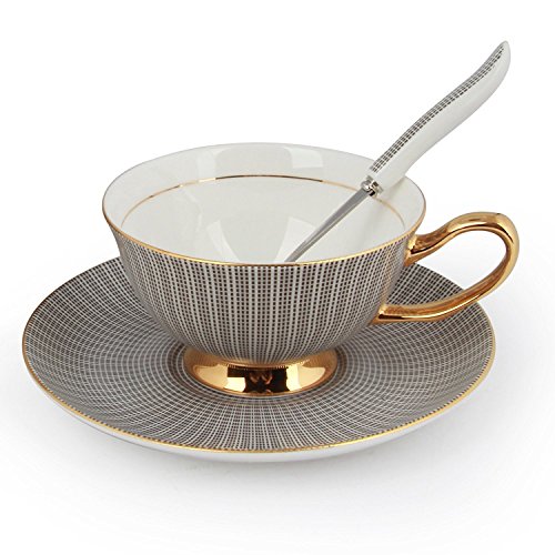 YBK Tech Euro Stil Tasse & Untertasse Set Kunst Knochen China keramisch Tee Kaffee Tasse für Zuhause Küche Hochzeit (schwarz) von YBKTEX