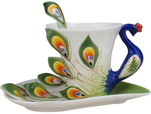 YBK Tech Lucky Cup Kreative 3D-Pfau-Tasse und Untertasse, 200 ml, Kaffeetasse (grün) von YBKTEX