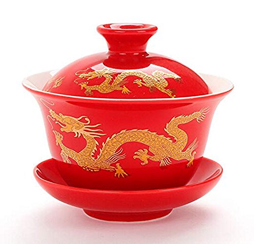 YBK Tech Porzellan Kung Fu Teetasse und Untertasse mit Deckel, Chinesische Traditionelle Gaiwan Sancai Teeschale, Tee-Set, Drachenmuster, Rot von YBKTEX