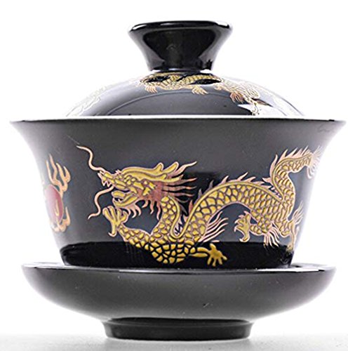YBK Tech Porzellan Kung Fu Teetasse und Untertasse mit Deckel, Chinesische Traditionelle Gaiwan Sancai Teeschale, Tee-Set, Drachenmuster (schwarz) von YBKTEX