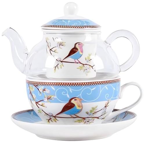 YBK Tech Teekanne aus Glas mit Porzellan-Teesieb, Happy Bird Muster Tasse und Untertasse Set, Teekanne und Teetasse für einen (Blau) von YBKTEX