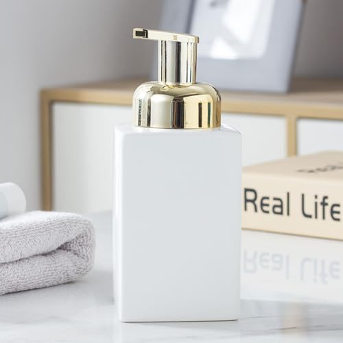 Tischseifenspender Seifenspender for die Arbeitsplatte, Seifenspender for das Badezimmer, Seifenflasche, eleganter Keramikschaum mit goldener Pumpe, Keramikflaschen, 420 ml(Blanc) von YBNKKUXKN