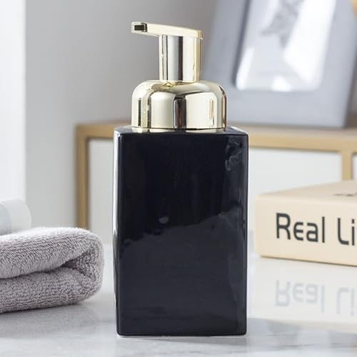 Tischseifenspender Seifenspender for die Arbeitsplatte, Seifenspender for das Badezimmer, Seifenflasche, eleganter Keramikschaum mit goldener Pumpe, Keramikflaschen, 420 ml(Svart) von YBNKKUXKN