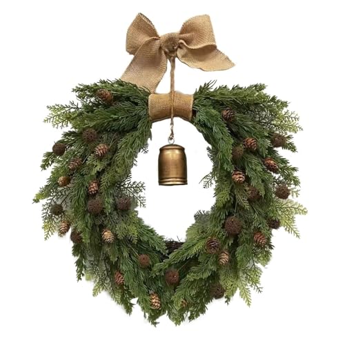YBNKKUXKN 20 Zoll Weihnachtskränze for die Haustür, grüne Kränze for Wände, Fenster, Bauernhaus-Dekor mit Tannenzapfen, Schleife und Glocke von YBNKKUXKN