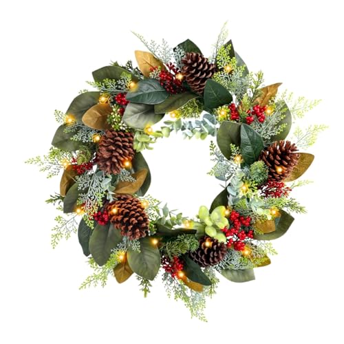YBNKKUXKN Künstlicher Weihnachtskranz, Weihnachtskranz-Dekorationen for draußen mit Lichtern, Weihnachts-Türkranz mit Tannenzapfen, Ornamenten von YBNKKUXKN