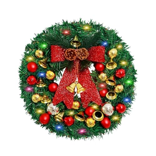 YBNKKUXKN Künstlicher Weihnachtskranz in Rotgold mit Lichtern, dekoriert mit Schleife, Glocke, Kugel, Weihnachtsdekoration for drinnen und draußen(Colored Light,50cm) von YBNKKUXKN