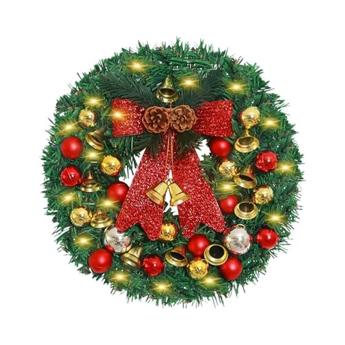 YBNKKUXKN Künstlicher Weihnachtskranz in Rotgold mit Lichtern, dekoriert mit Schleife, Glocke, Kugel, Weihnachtsdekoration for drinnen und draußen(No Light,40cm) von YBNKKUXKN