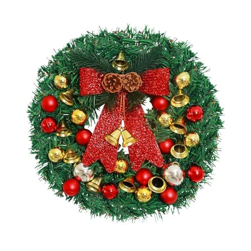 YBNKKUXKN Künstlicher Weihnachtskranz in Rotgold mit Lichtern, dekoriert mit Schleife, Glocke, Kugel, Weihnachtsdekoration for drinnen und draußen(Warm Light,50cm) von YBNKKUXKN