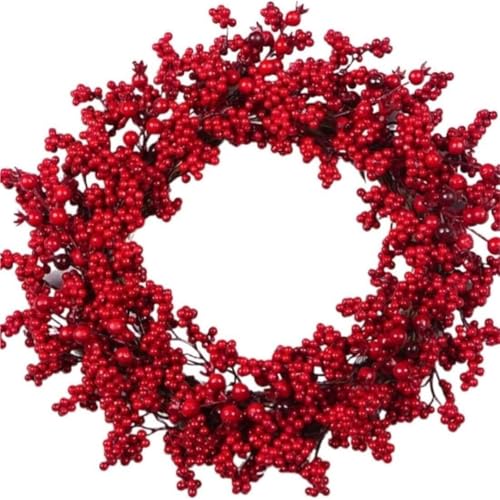 YBNKKUXKN Künstlicher Weihnachtskranz mit Beleuchtung, grün, dekoriert mit Tannenzapfen und Beerenbüscheln, Weihnachtsdekoration for Türen und Wände(40cm red Fruit Style) von YBNKKUXKN