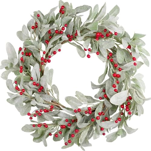 YBNKKUXKN Künstlicher Weihnachtskranz mit Beleuchtung, grün, dekoriert mit Tannenzapfen und Beerenbüscheln, Weihnachtsdekoration for Türen und Wände(45cm Sheep Ear Leaf red Fruit Style) von YBNKKUXKN