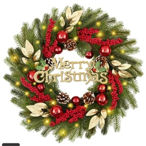 YBNKKUXKN Künstlicher Weihnachtskranz mit Beleuchtung, grün, dekoriert mit Tannenzapfen und Beerenbüscheln, Weihnachtsdekoration for Türen und Wände(50cm Model Without Light) von YBNKKUXKN