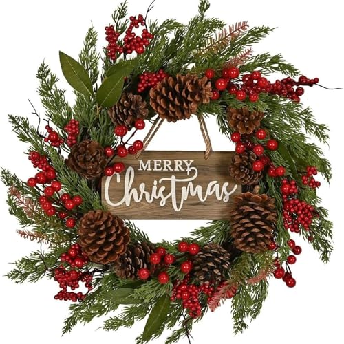 YBNKKUXKN Künstlicher Weihnachtskranz mit Beleuchtung, grün, dekoriert mit Tannenzapfen und Beerenbüscheln, Weihnachtsdekoration for Türen und Wände(50cm Pinecone Red Fruit) von YBNKKUXKN