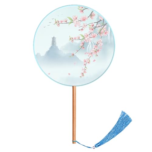 YBNKKUXKN handventilatoren Halbtransparenter Faltfächer mit langem Griff, runder bestickter Quaste, handgekurbelter Fächer, der von Frauen passend for Hanfu Cheongsam verwendet wird(ColorD) von YBNKKUXKN