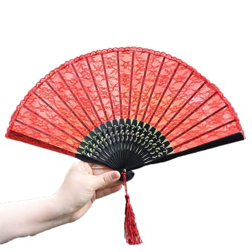 YBNKKUXKN handventilatoren Retro-Faltfächer, Spitzen-Handfächer, kann als Kleidungszubehör, Maskeraden-Dekoration verwendet werden(Rosso) von YBNKKUXKN
