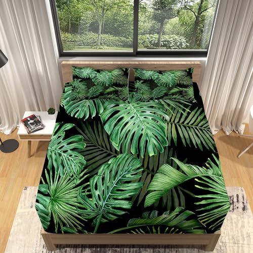 Spannbettlaken 90x190cm Kinder Bedruckte Spannbetttuch Grüne Monstera-Blätter Extra Weiches Weiche Mikrofaser Boxspringbett Bettlaken Geeignet für Matratzen von 30 cm von YBRAVO