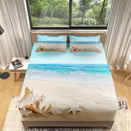 Spannbettlaken 90x190cm Kinder Bedruckte Spannbetttuch Muscheln von Seesternen am Strand Extra Weiches Weiche Mikrofaser Boxspringbett Bettlaken Geeignet für Matratzen von 30 cm von YBRAVO