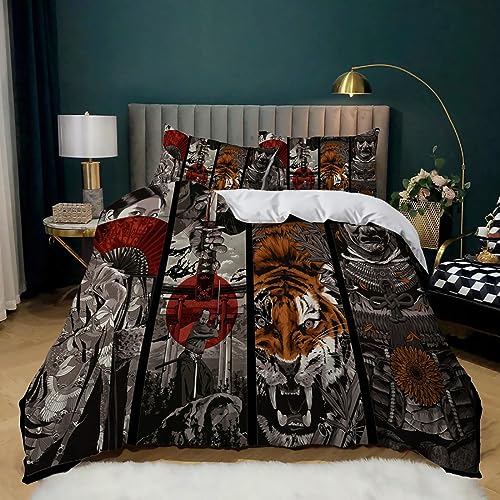 YBRAVO Bettwäsche 135x200 Japanischer Samurai und Tiger Bettbezug Weiche Mikrofaser Set Kinder Jugendliche Dekorativ Bettbezüge mit ReißVerschluss und 2 Kissenbezug 80x80cm von YBRAVO