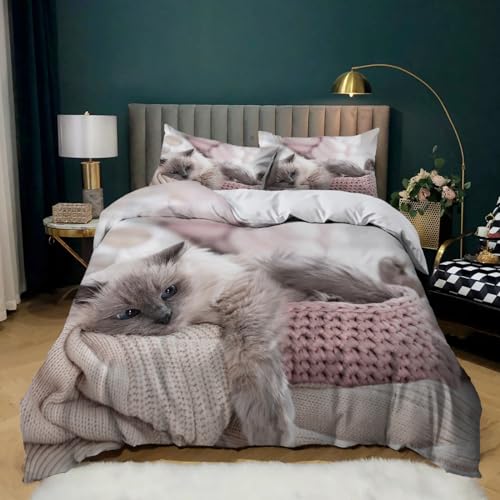 YBRAVO Bettwäsche 155x220 Tierische Ragdoll-Katze Bettwäsche-Sets 3D Effekt Bettbezüge Weiche Mikrofaser Bettbezug mit Reißverschluss und 2 Kissenbezug 80x80cm, für Jungen Mädchen von YBRAVO
