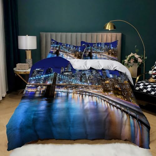 YBRAVO Bettwäsche Set Brooklyn Bridge-Muster Bettbezug 200x200cm 3D Print Bettwäsche-Sets Weiche Mikrofaser Bettbezug mit Reißverschluss und 2 Kissenbezüge 80 x 80 cm von YBRAVO