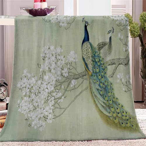 YBRAVO Fleecedecke 150x200 cm Tierischer Pfau und Magnolie Kuscheldecke Flauschig Decke Flanell Fleecedecke Sofadecke Weich Deckeldecke Wohndecke für Bett Sofa Zimmer deko von YBRAVO