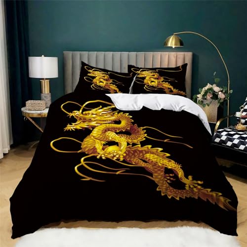 YBRAVO Kinderbettwäsche 135x200 Cartoon-Drache im chinesischen Stil Bettbezug Set Microfaser Weiche Bettdeckenbezug mit Reißverschluss und 2 Kissenbezug 80x80cm, für Jungen Mädchen von YBRAVO