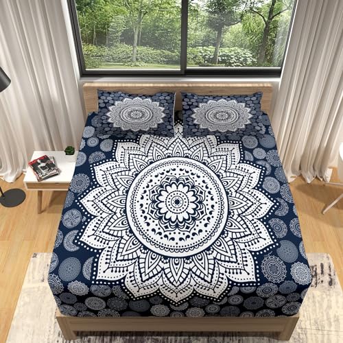 YBRAVO Spannbettlaken 140x190cm Geometrisches Mandala-Muster Bettlaken Boxspringbett Spannbetttuch Weiche Atmungsaktivem für Kinder und Erwachsene - Inklusive 2 Kissenbezügen 80x80cm von YBRAVO