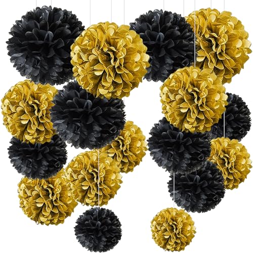 YBwanli Schwarzes Gold Pompons Deko 20 Stück, deko schwarz gold Seidenpapier Pom Poms, Neujahr Silvester Deko, Abschlussdekorationen,Junggesellinnenabschiede, Geburtstagsdekoration,bachelor deko von YBwanli