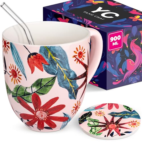 YC YANG CHAI Teetasse Groß 900ml - Jumbotasse aus Knochen Porzellan - Tasse Geschenkset mit Kork-Untersetzer, Glasstrohhalm & 10 Teefiltern - Kaffeetasse, Riesentasse, Jumbo Tasse - YC Sunflower von YC YANG CHAI