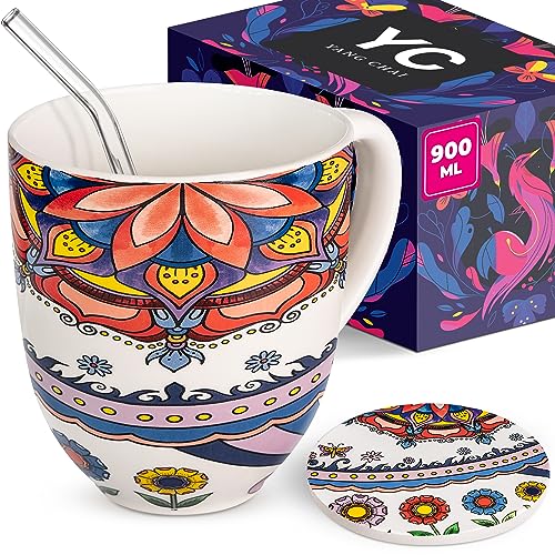 YC YANG CHAI Kaffeetasse groß 900ml - XXL Jumbotasse aus Knochenporzellan - Stilvolles Geschenkset mit edlem Zubehör - Vielseitige XXL Tasse für Tee, Kaffee, Kakao, Cappuccino, Müsli - YC Tranquility von YC YANG CHAI