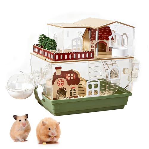 12-in-1 Acryl-Hamsterkäfig im Gartendesign 35 × 26 × 37 cm – Transparent, Mehrstöckig, inkl. Holzvilla, Laufrad, Tunnel, Trinkflasche, Badehäuschen & Spiel-Zubehör (2 Ebenen) von YCBTREE