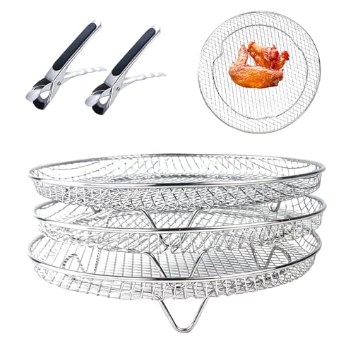 Air Fryer Racks, 3 Stück Edelstahl Heißluftfritteuse Racks Stapelbar Grillrost mit 2 Klammer Air Fryer Tray Zubehör für Heißluftfritteuse Kochen Rack Dehydrator Backofen (Rund (20×20cm）) von YCBTREE