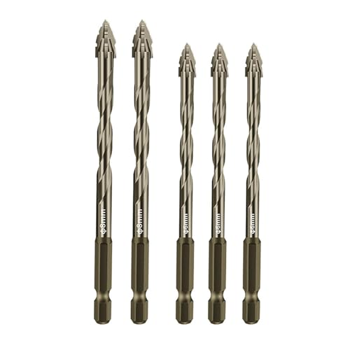 Exzenterbohrer Set 5-tlg., Sägezahnbohrer mit 4 Schneiden, Vierschneidiger Bohrer mit 1/4" Sechskantschaft, Hartmetallspitze, Hochharter Bohrersatz für Fliesen, Glas, Holz, Metall (Gelb, 5PCS) von YCBTREE