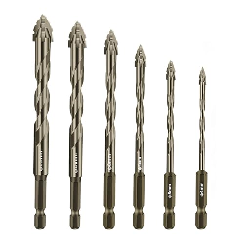 Exzenterbohrer Set 6-tlg., Sägezahnbohrer mit 4 Schneiden, Vierschneidiger Bohrer mit 1/4" Sechskantschaft, Hartmetallspitze, Hochharter Bohrersatz für Fliesen, Glas, Holz, Metall (Gelb, 6PCS) von YCBTREE