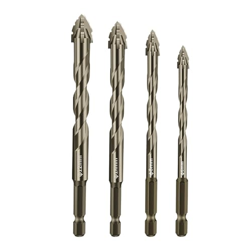 Exzenterbohrer Set 4-tlg., Sägezahnbohrer mit 4 Schneiden, Vierschneidiger Bohrer mit 1/4" Sechskantschaft, Hartmetallspitze, Hochharter Bohrersatz für Fliesen, Glas, Holz, Metall (Gelb, 4PCS) von YCBTREE