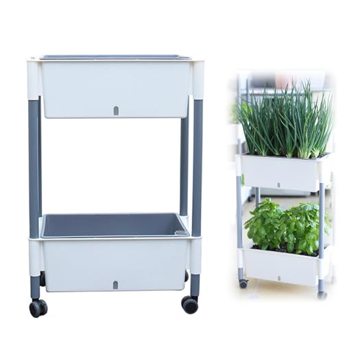 Hochbeet,Vertikalbeet mit Rollen 2 Etagen Blumenkasten Gemüsebeet Kräuterbeet Kunststoff Pflanztisch Selbstbewässerndes Pflanzkasten für Terrasse Balkon Wintergarten Garten (2 Etagen) von YCBTREE
