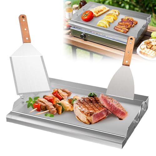 Plancha Grillplatte, 58 x 40 cm Grillplatte Set Edelstahl Griddle mit Griff Rostfrei Robust Grill Platte mit 2 Grillspachteln für Gasgrill & Holzkohlegrill von YCBTREE