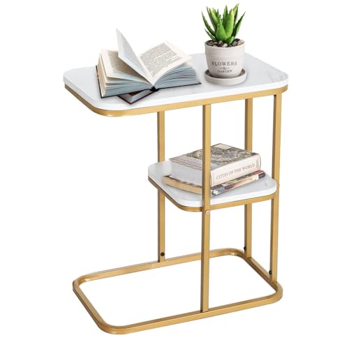 YCBTREE C-Form Beistelltisch,Doppelschichtiger Kleiner Couchtisch Marmorimitat Tischplatte Metallgestell 50x30x58cm Sofatisch Nachttisch für Wohnzimmer Schlafzimmer Balkon Terrasse (Weiß+Gold) von YCBTREE