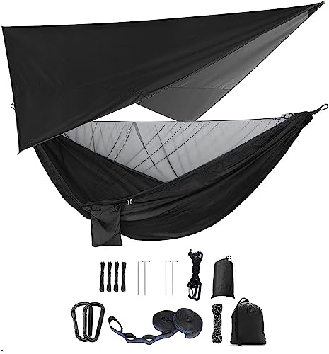 Camping Hängematten Set, Einzel Doppel Hängematte, Moskitonetz, Insektennetz, Regenfliege, hochfestes Fallschirm Stoff Hängebett. Geeignet für Outdoor, Wandern, Camping, Reisen Schwarz von YCD