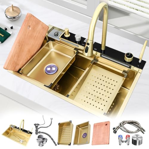 Integrierte Waschbecken-Arbeitsstation Küchenspüle, Einzelbecken, Wasserfall-Haushaltsspüle Mit Ausziehbarem Wasserhahn, Abflusskorb, Zwei Wasserfällen (Color : Gold, S : 68cm) von YCDJCS