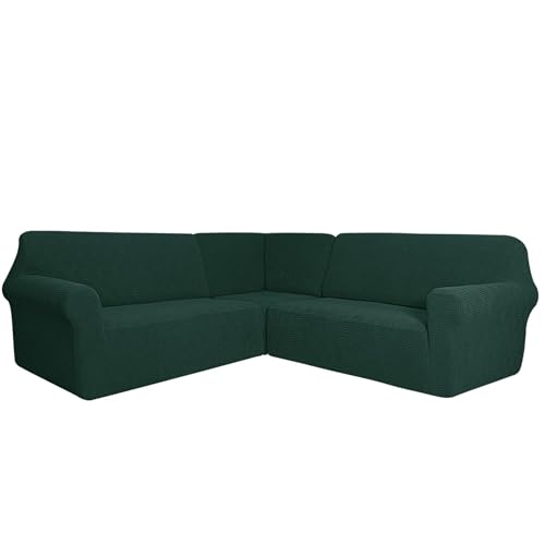 YCDZSW Couch Bezug, Sofabezug L Form Ecksofabezug 3-teilig Stretch Sofa Überzug, Sofa Cover Rutschfester Couch überzug Sofahusse Schutz Waschbar Für Wohnzimmer (DunkelgrüN,7 Sitzer) von YCDZSW