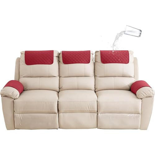 YCDZSW Sofa Armlehne Abdeckung, Wasserdichtes Sofa Armlehnen Kopfstütze Abdeckung für Recliner Stuhl Arm Abdeckung, Cover Protector mit Verstellbaren Elastischen Bändern (3 Sitzer (5 Stück),Rot) von YCDZSW