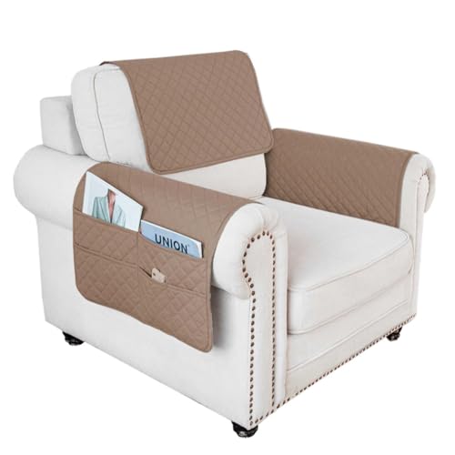 YCDZSW Sofa Armlehnenbezüge, Wasserdicht Sesselschoner Für Relaxsessel rutschfest Mit Taschen, Armlehnenschoner Sesselauflage Relax Für Sofa, Stuhl (Hellbraun,GroßEr 1-Sitzer) von YCDZSW