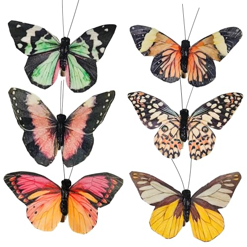 YCHTEWY Feder-Schmetterling zum Basteln, Dekoration, Set mit 12 Stück, mit Clip, 6 Farben, für Hochzeit, Zuhause, Blumentopf, Weihnachten, Party, Frühling, Heimdekoration, Blumenmuster, YCB63A von YCHTEWY