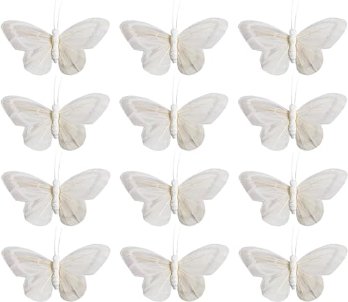 YCHTEWY Feder-Schmetterling-Dekoration auf Plektren, Blumenbedarf, Set mit 12 Stück, mit Draht, weiße Schmetterlinge, Schmetterlinge für Blumenarrangements (B) von YCHTEWY