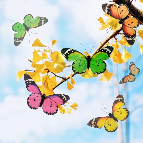 YCHTEWY Feder-Schmetterlings-Dekorationen, Set mit 12 Stück, mit Draht, Monarch-Schmetterling, 12 x 7 cm, Blumenarrangement, Gartendekoration von YCHTEWY