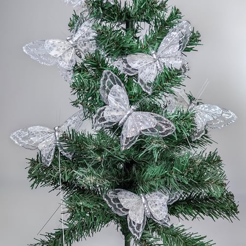 YCHTEWY - Künstliche Schmetterling für Dekoration Silbrig Ornament Baum Set von 12 mit Draht Weihnachten und Hochzeit Dekoration von YCHTEWY