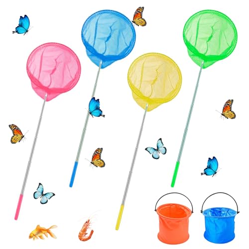 4 Stück Kescher Kinder, Teleskop Schmetterlingsnetz mit 2 Faltbarer Eimer, Teichnetz, Strand, Fangnetz, Insekten Netz, Outdoor Ideal zum Fangen von Insekten Bugs Fische Angeln Teich Pool Garten von YCICHE